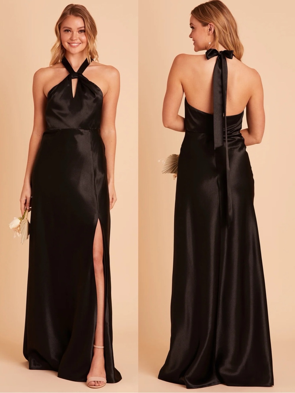 Birdy Grey Monica Black Satin Halter Maxi with Keyhole and Side Slit